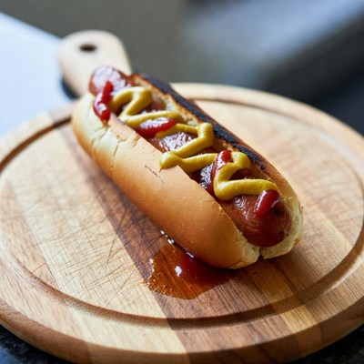 Hot dog with mustard on wooden board