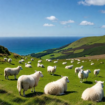 Sheep grazing on green hillside overlooking ocean