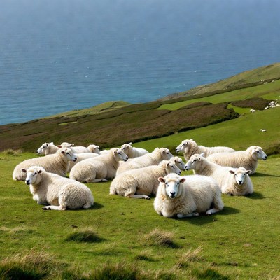 Sheep lying on green cliff overlooking ocean