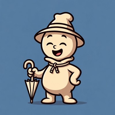 Cartoon character with umbrella and hat