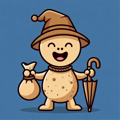 Smiling Cartoon Potato Man with Bag and Umbrella