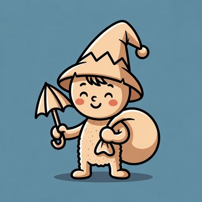 Cartoon boy as Santa holding sack and umbrella