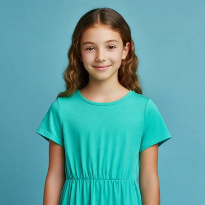 Smiling girl in turquoise dress