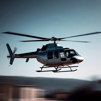 Silver helicopter flying over mountains