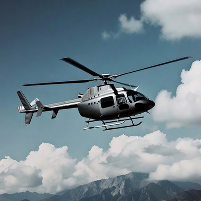 Silver helicopter flying over mountains