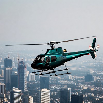Green Helicopter Flying Over City