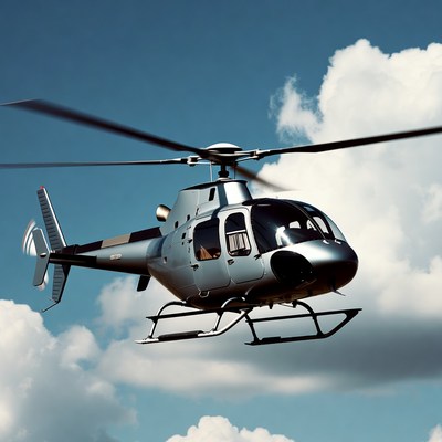 Silver helicopter flying over clouds