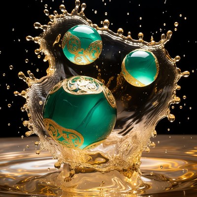 Emerald Orbs in Golden Splashes