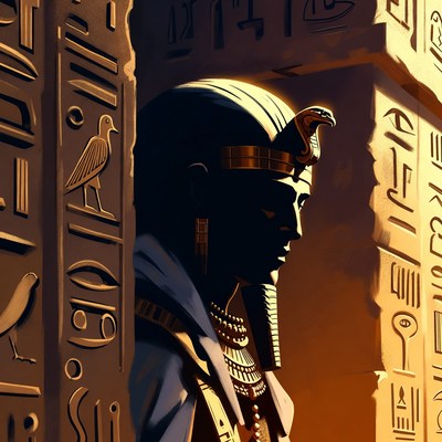 Pharaoh profile silhouette with hieroglyphs
