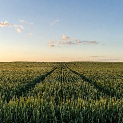 Green corn field rows under blue sky