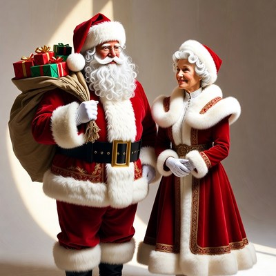 Santa Claus and Mrs. Claus with gifts
