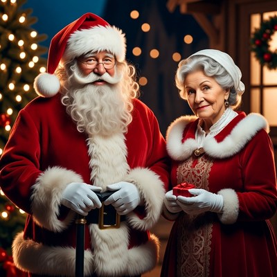 Santa Claus and Mrs. Claus with gift