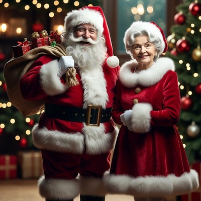 Santa Claus and Mrs. Claus with gifts