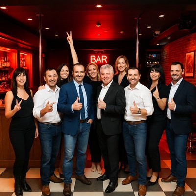Group posing with thumbs up at bar