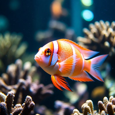 Clownfish swimming among corals