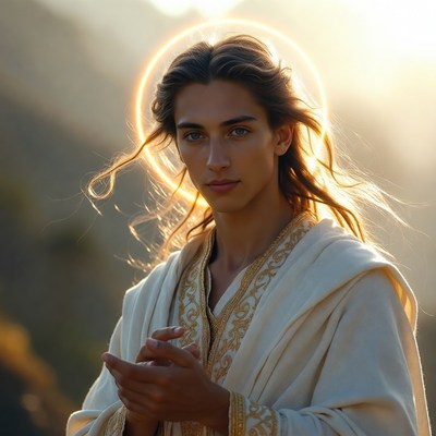 Young man with halo in sunset mountains