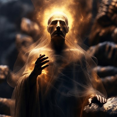 Ethereal Man with Halo in Cave