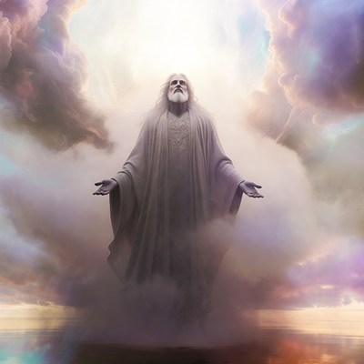 Elderly man with long beard in clouds