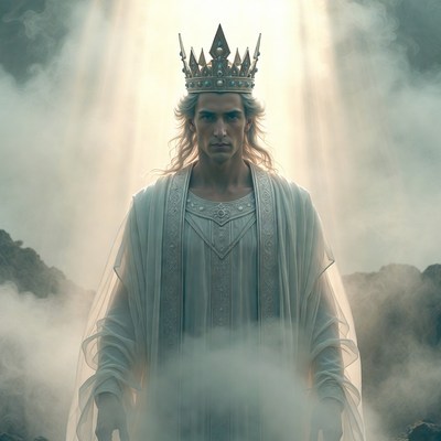 Man wearing golden crown in mist
