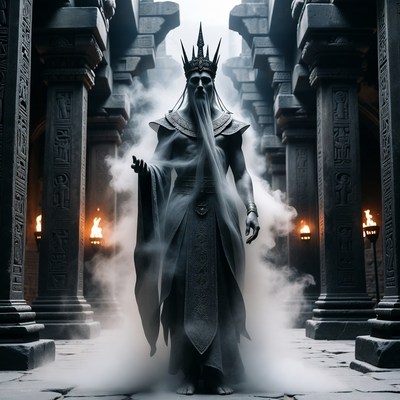 Ancient wizard king in misty temple