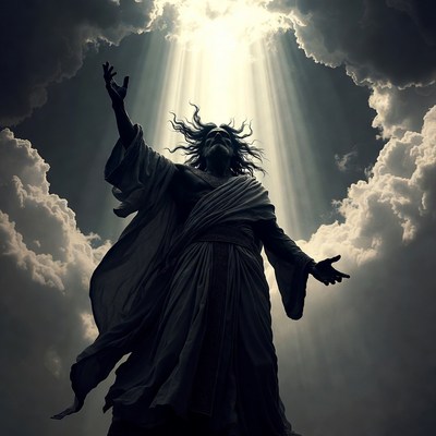 Jesus raising arms in divine light