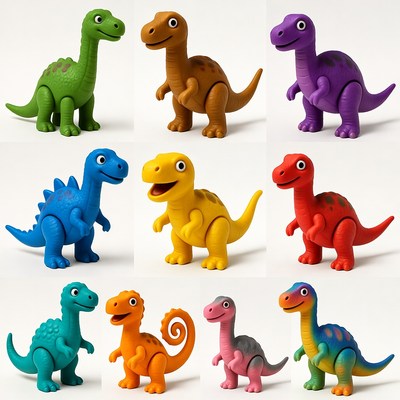 Colorful dinosaur toys grid