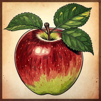 Red Apple with Leaves Illustration