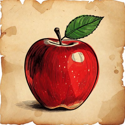 Red Apple with Leaf on Parchment
