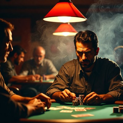 Men playing poker in smoky casino