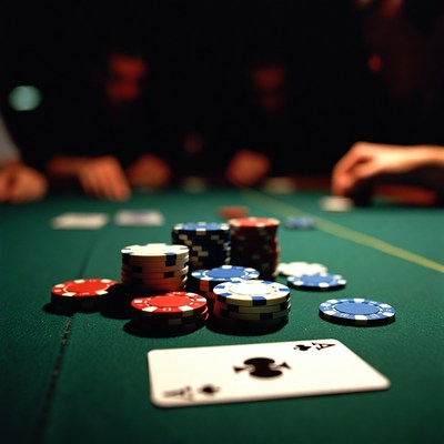 Poker chips and spade ace on table