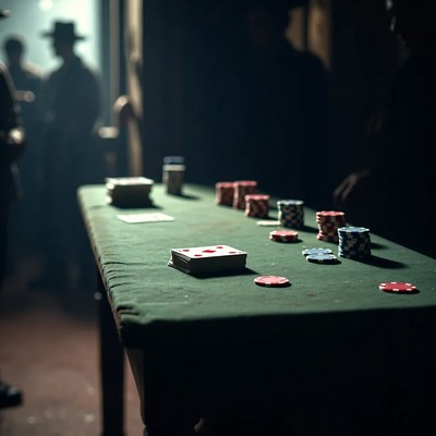 Poker table with chips and blurred men