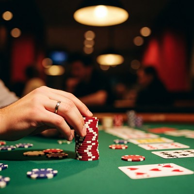 Man's hand stacking poker chips