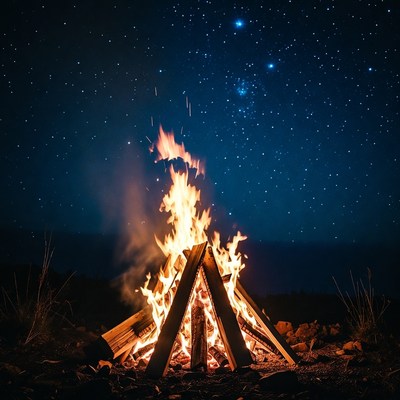 Campfire Burning Under Starry Night Sky