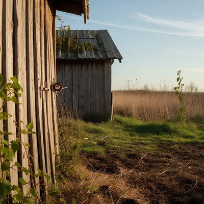 Old wooden shed in grassy field