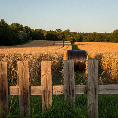 Hay Bale in Wheat Field by Fence