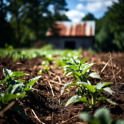 Tobacco Seedlings in Field with Barn