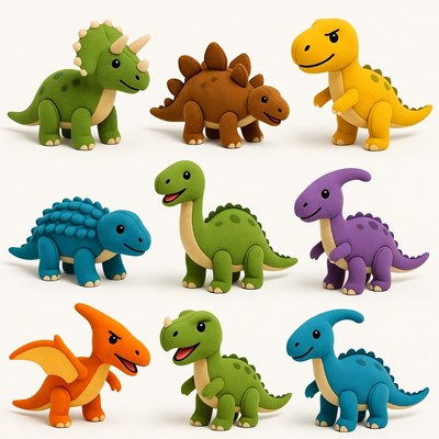 Colorful dinosaur toys on white background