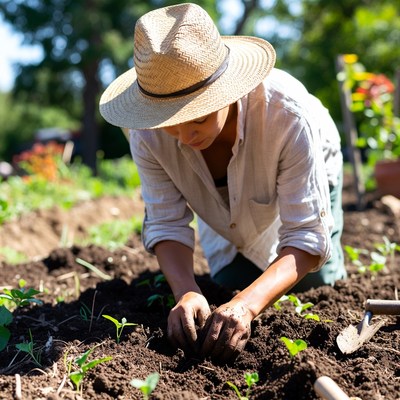 Woman planting seedlings in garden