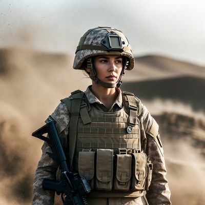 Female soldier with rifle in desert