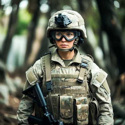 Female soldier in camouflage forest