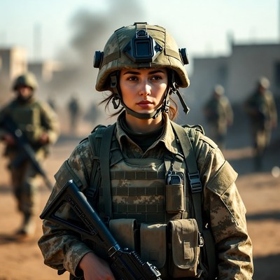 Female soldier in camouflage helmet