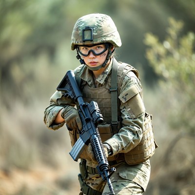 Female soldier with rifle in forest