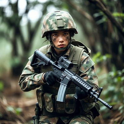Asian woman soldier with rifle in jungle
