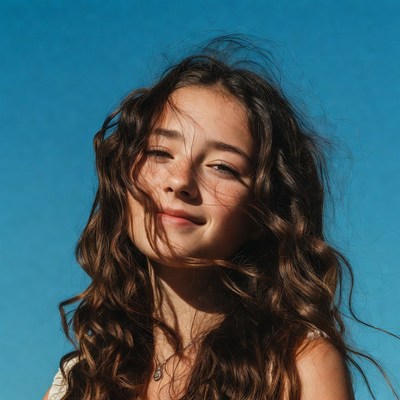 Smiling girl with wavy hair against blue sky