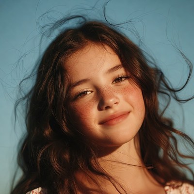 Smiling girl with freckles and wavy hair
