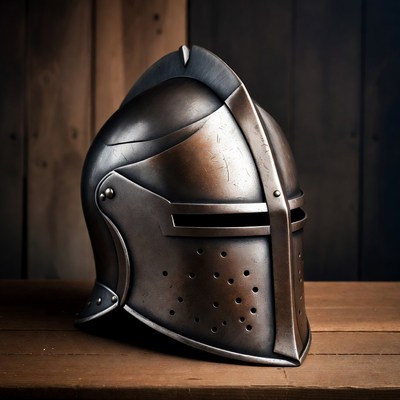 Medieval Knight Helmet on Wooden Table
