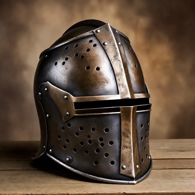 Medieval Knight Helmet on Wooden Table