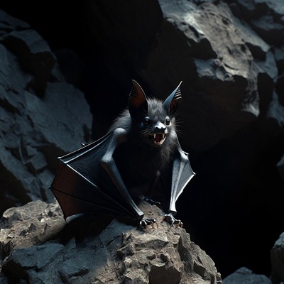 Furry Bat Growling on Rocks