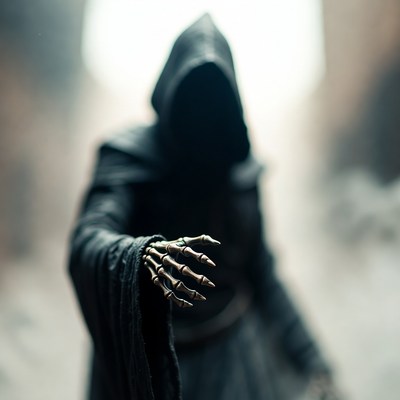 Skeleton Handed Hooded Figure Reaching Out