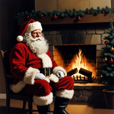 Santa Claus sitting by fireplace